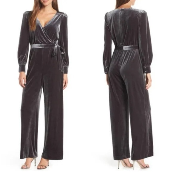 Eliza J Wrap Look Velvet Grey Pewter Jumpsuit - Picture 14 of 15